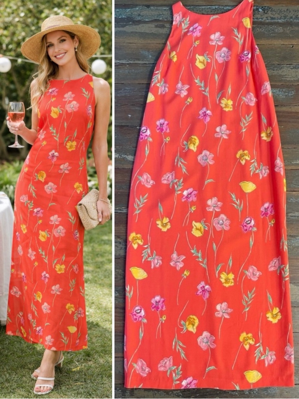 Vintage Plaza South Vibrant Floral Print Sleeveless Maxi Dress ~ Size 10💚🍄